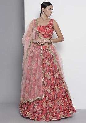 Red Embroidered Poly Blend Lehenga Set