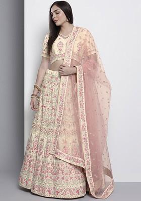 Cream Embroidered Poly Blend Lehenga Set
