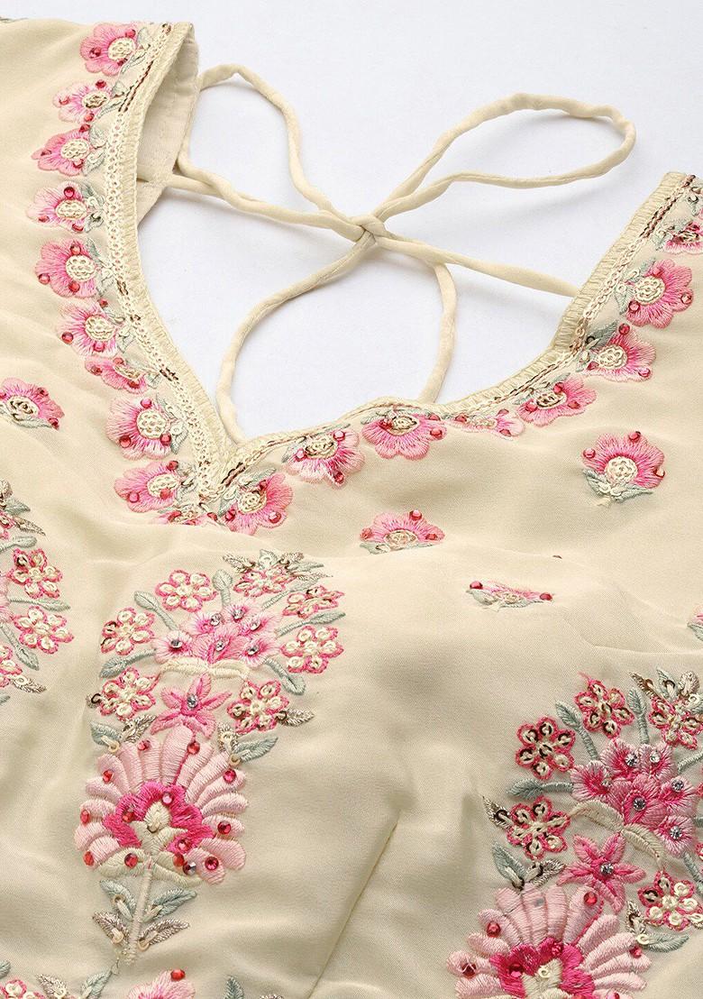 Cream Embroidered Poly Blend Lehenga Set