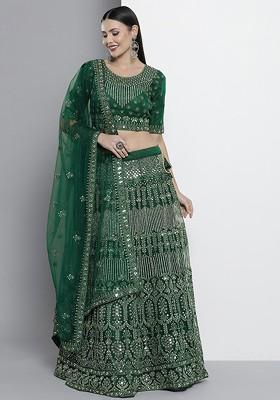 Green Embroidered Poly Blend Lehenga Set