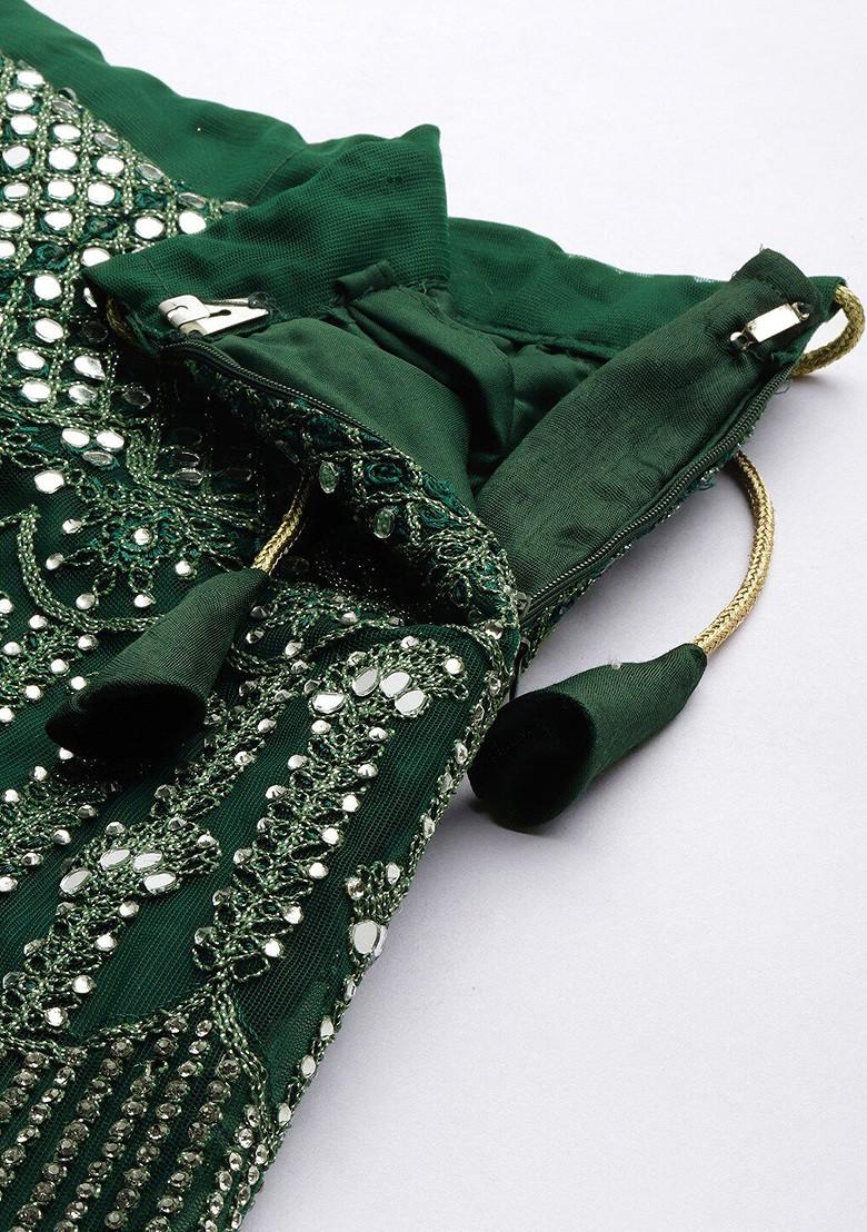 Green Embroidered Poly Blend Lehenga Set
