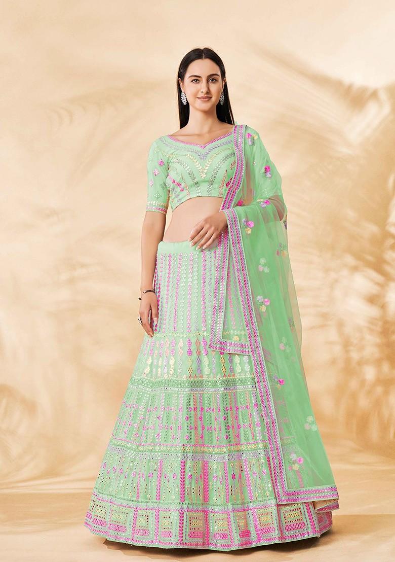 Green Embroidered Poly Blend Lehenga Set
