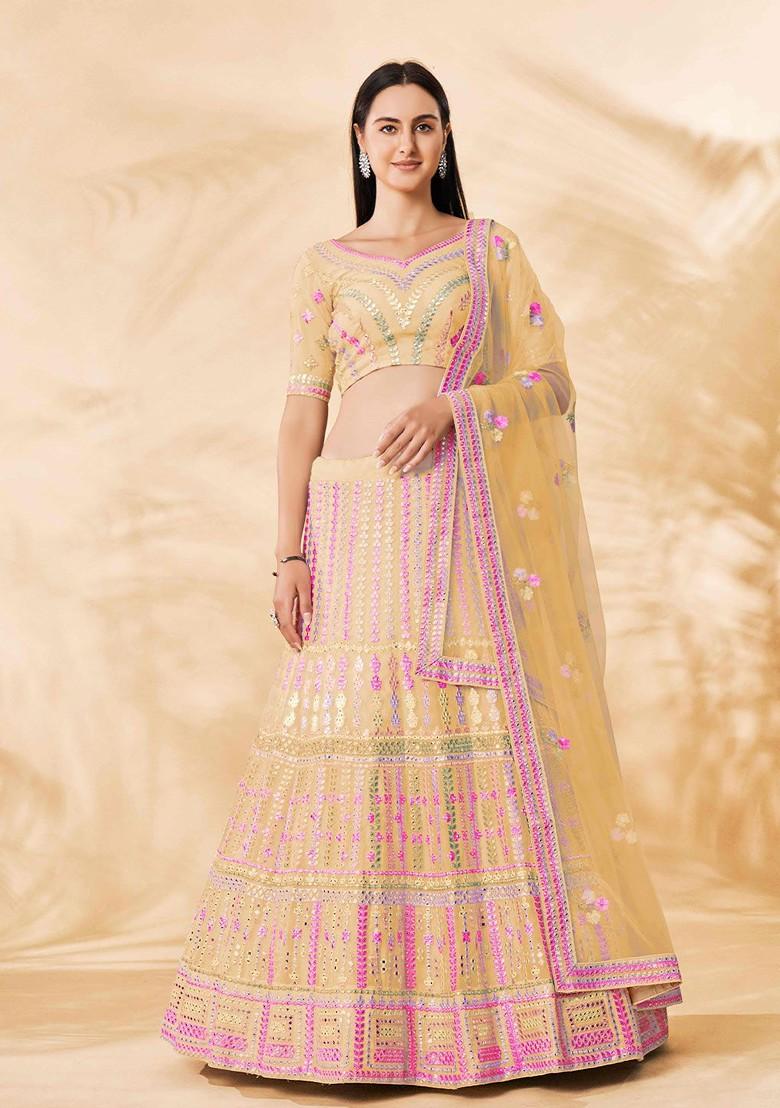 Yellow Mirror Work Poly Blend Lehenga Set