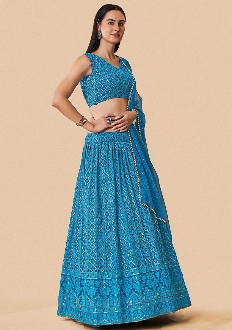Blue Embroidered Poly Blend Lehenga Set