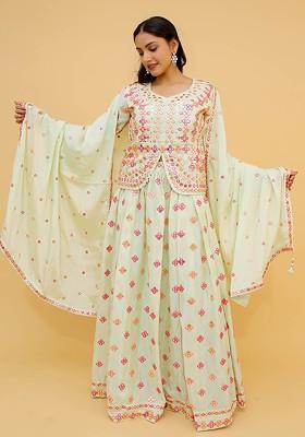 Green Embroidered Poly Blend Lehenga Sets