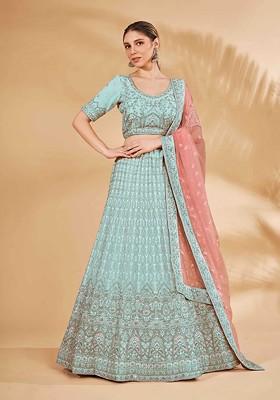 Blue Embroidered Poly Blend Lehenga Sets