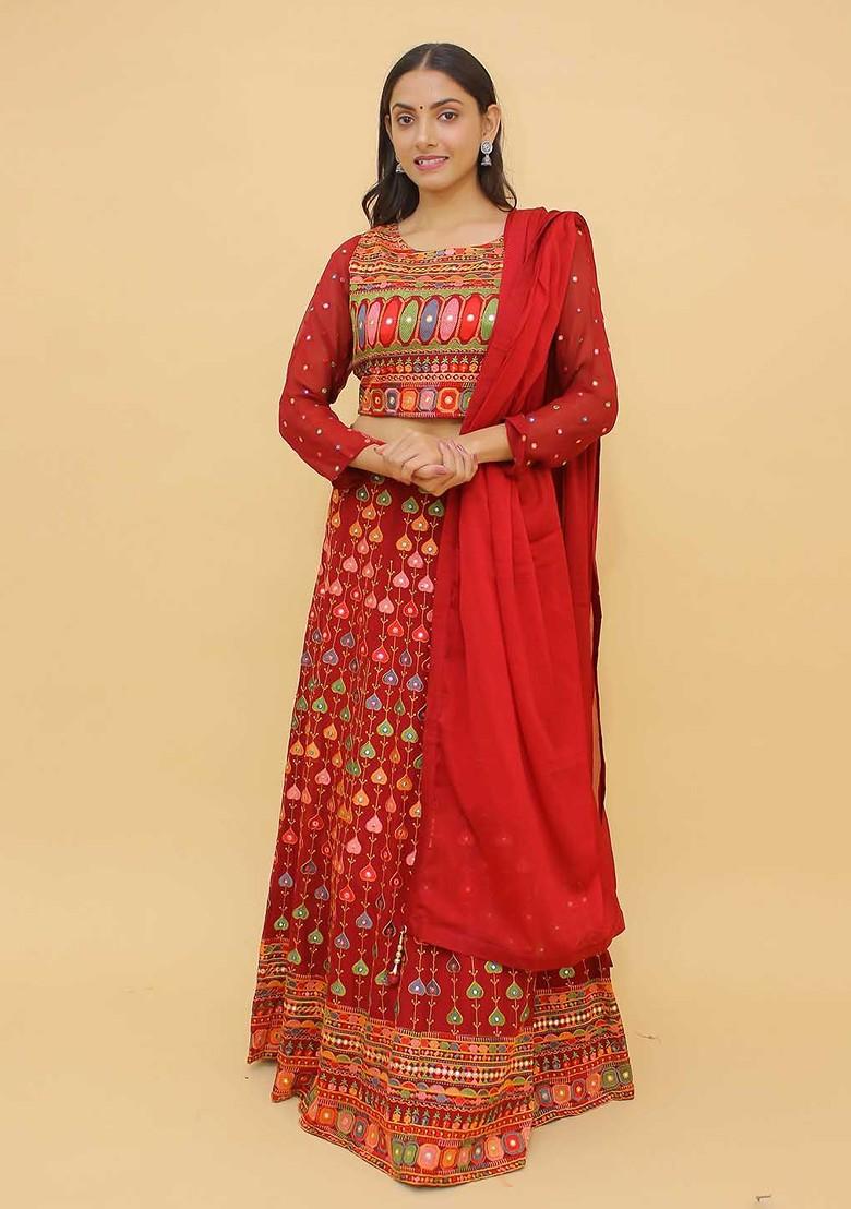 Red Embroidered Poly Blend Lehenga Sets