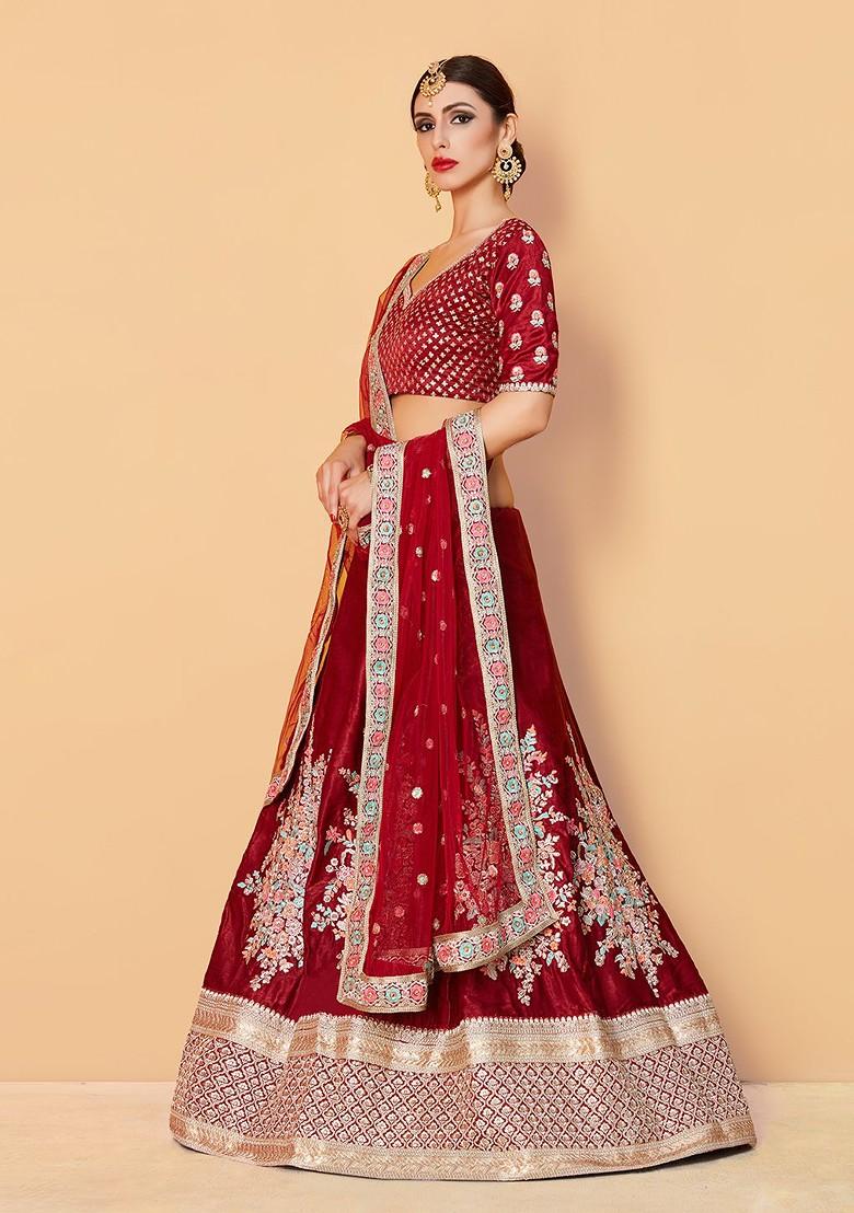 Maroon Embroidered Poly Blend Lehenga Sets
