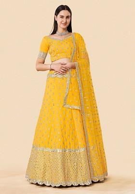 Yellow Mirror Work Poly Blend Lehenga Sets