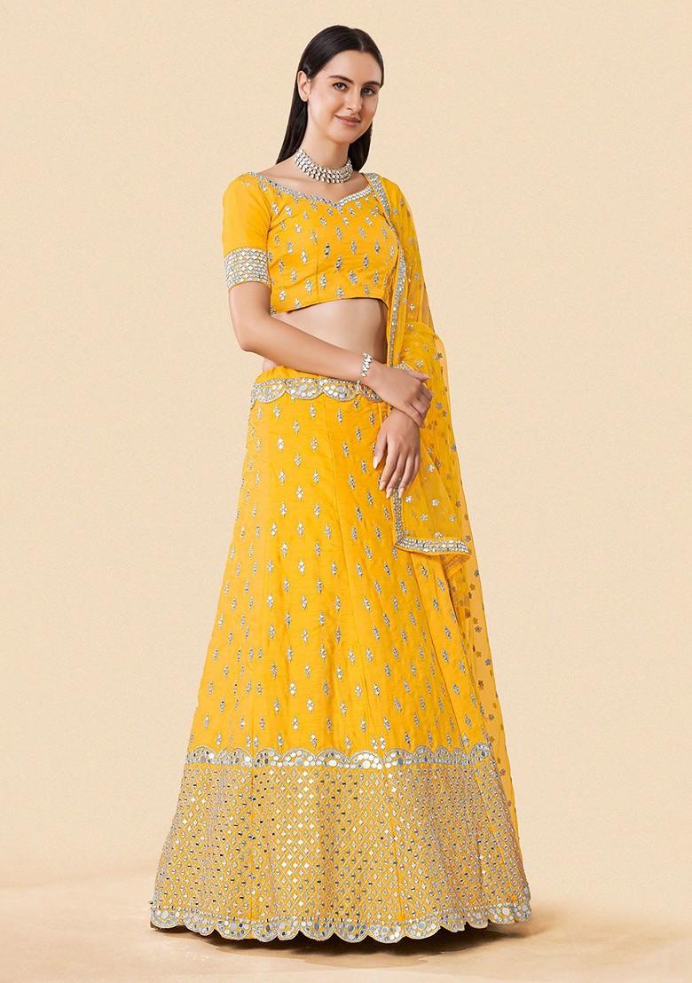 Yellow Mirror Work Poly Blend Lehenga Sets