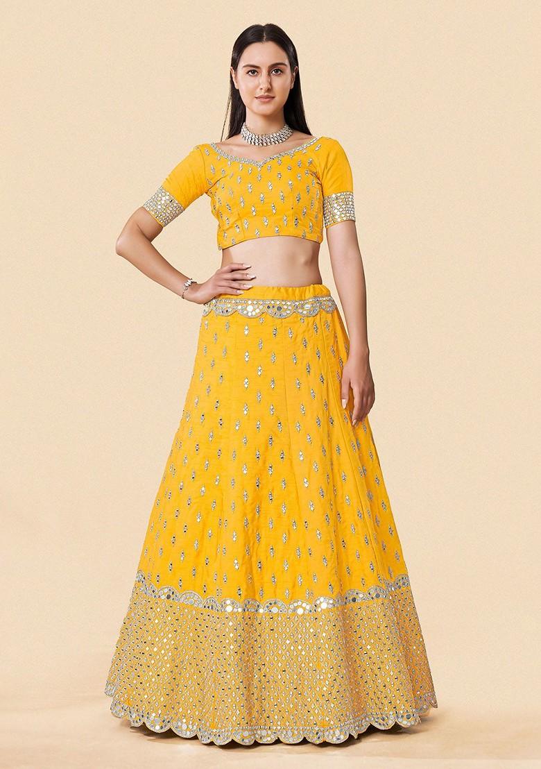 Yellow Mirror Work Poly Blend Lehenga Sets
