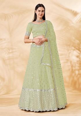 Green Mirror Work Poly Blend Lehenga Sets