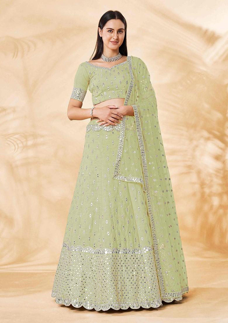 Green Mirror Work Poly Blend Lehenga Sets