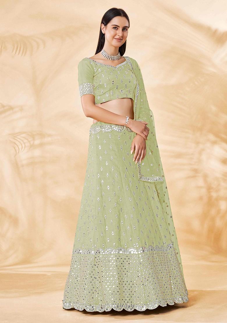 Green Mirror Work Poly Blend Lehenga Sets