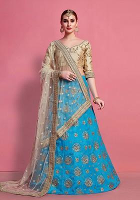 Blue Embroidered Poly Blend Lehenga Sets