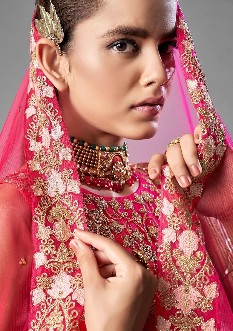 Pink Embroidered Poly Blend Lehenga Sets
