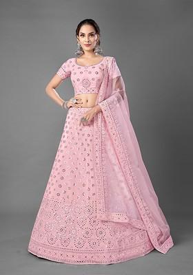 Pink Embroidered Poly Blend Lehenga Sets