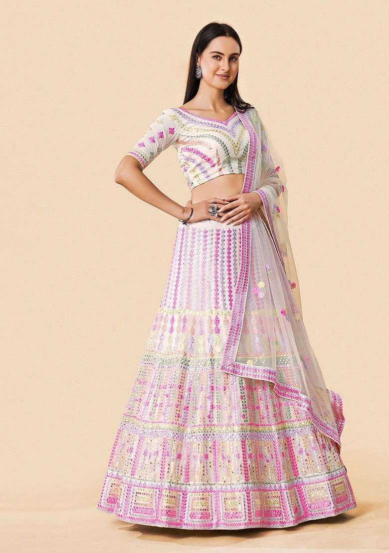 White Embellished Poly Blend Lehenga Sets - Indya