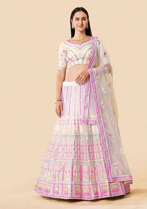 White Embellished Poly Blend Lehenga Sets