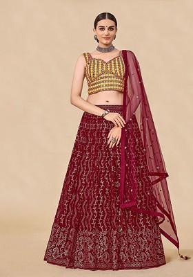 Maroon Mirror Work Poly Blend Lehenga Sets