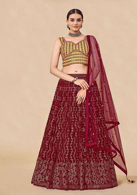 Maroon Mirror Work Poly Blend Lehenga Sets