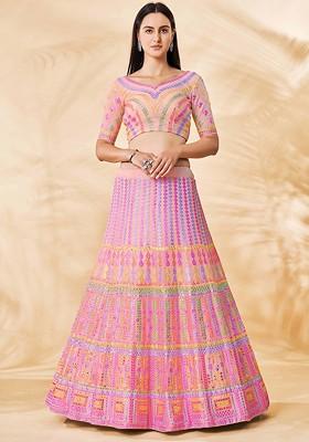 Pink Embroidered Poly Blend Lehenga Sets