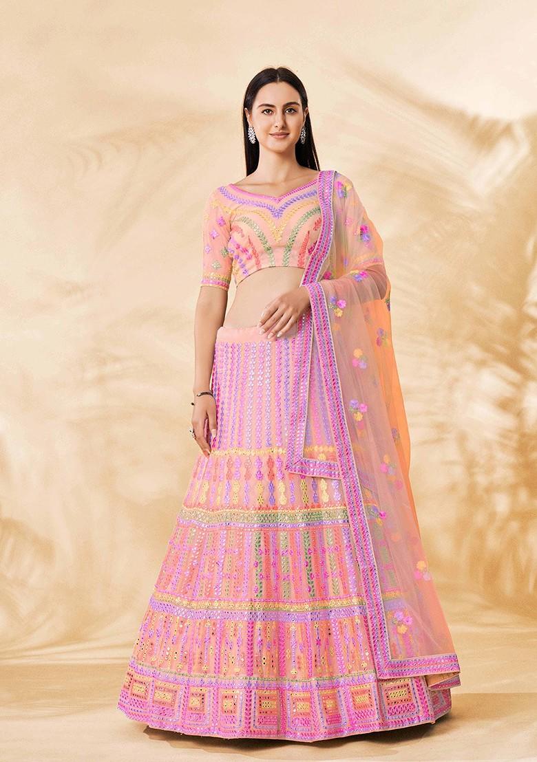 Pink Embroidered Poly Blend Lehenga Sets