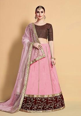 Pink Embroidered Poly Blend Lehenga Sets