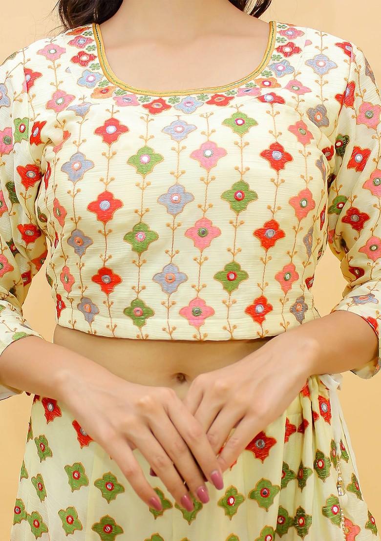 Cream Embroidered Poly Blend Lehenga Sets