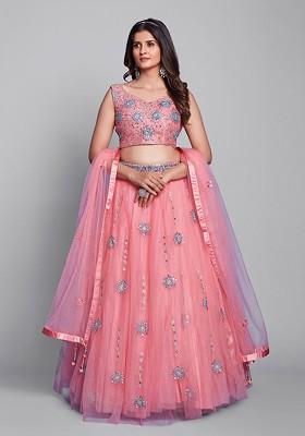Pink Embroidered Poly Blend Lehenga Sets