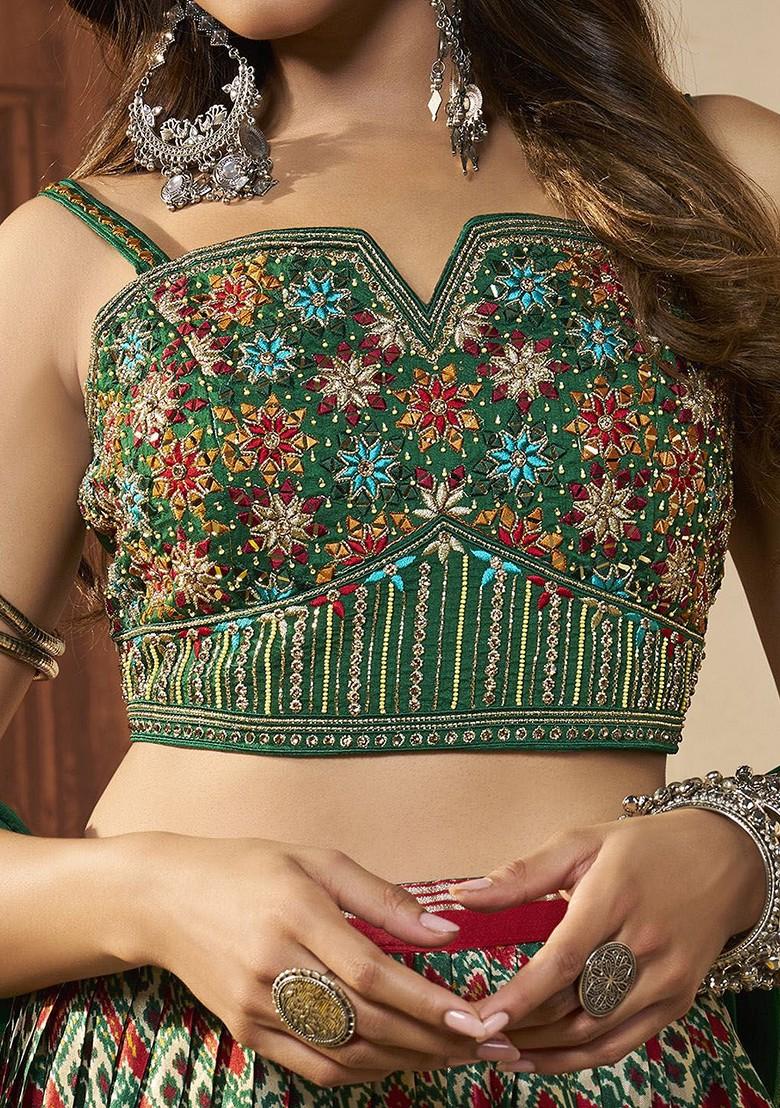 Green Mirror Work Poly Blend Lehenga Sets