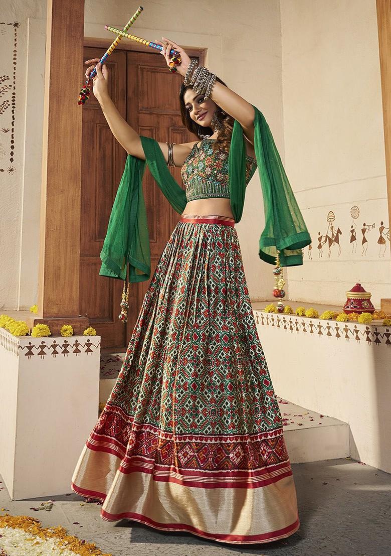 Green Mirror Work Poly Blend Lehenga Sets