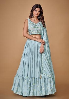 Blue Embroidered Poly Blend Lehenga Sets