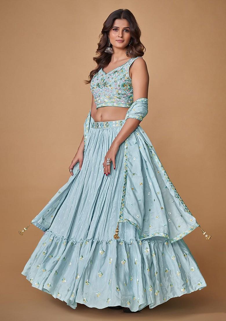 Blue Embroidered Poly Blend Lehenga Sets