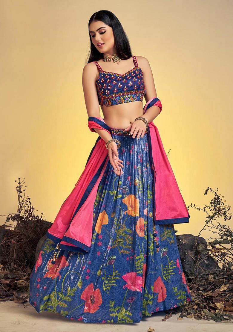Blue Embroidered Poly Blend Lehenga Sets