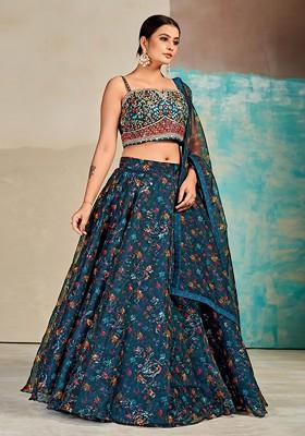 Green Mirror Work Poly Blend Lehenga Sets