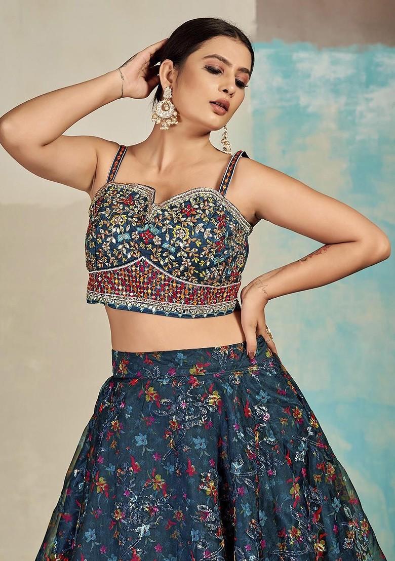 Green Mirror Work Poly Blend Lehenga Sets