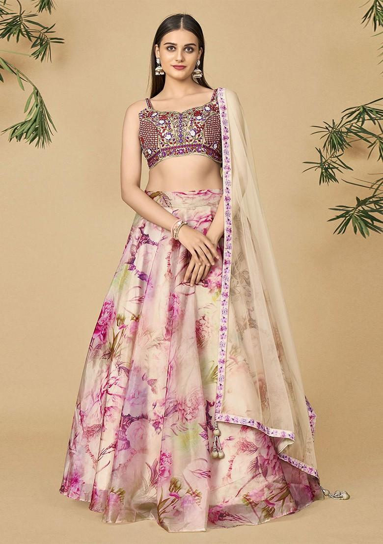 Beige Mirror Work Poly Blend Lehenga Sets
