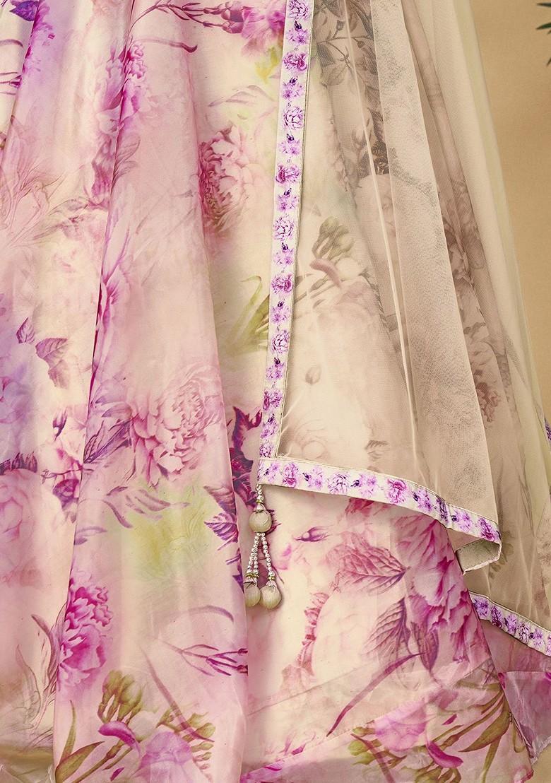 Beige Mirror Work Poly Blend Lehenga Sets