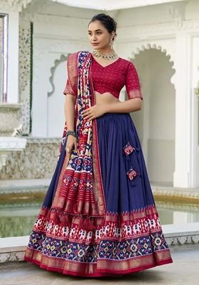 Blue Printed Poly Blend Lehenga Sets