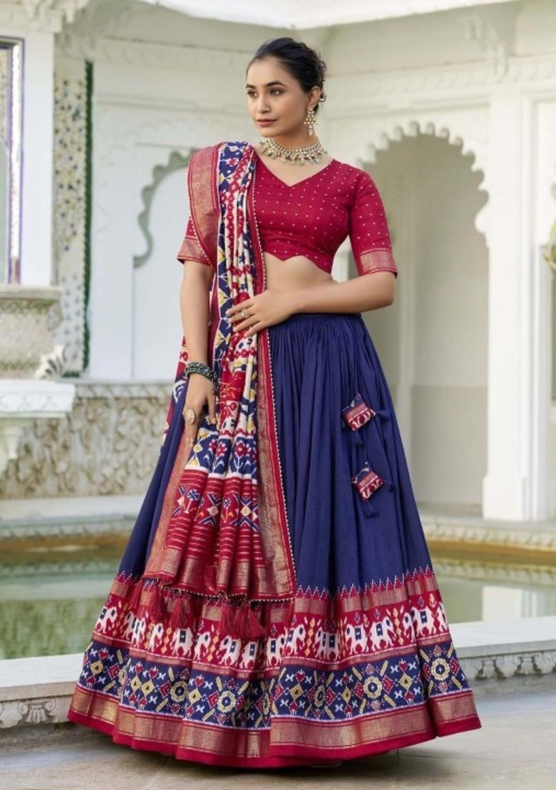 Blue Printed Poly Blend Lehenga Sets