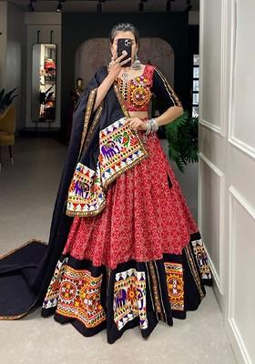 Red Mirror Work Poly Blend Lehenga Sets