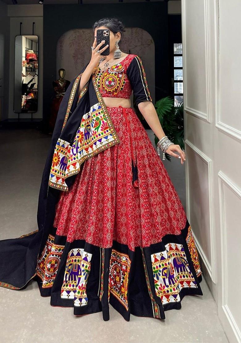 Red Mirror Work Poly Blend Lehenga Sets