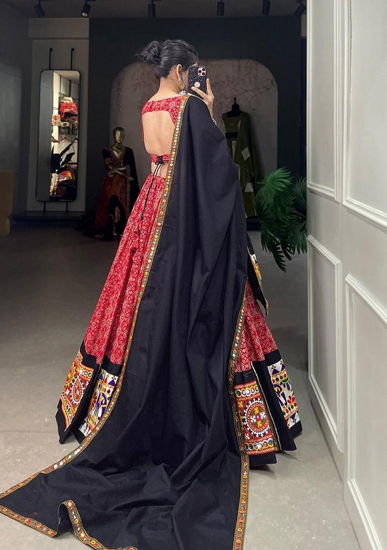 Red Mirror Work Poly Blend Lehenga Sets