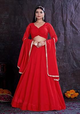 Red Solid Poly Blend Lehenga Sets