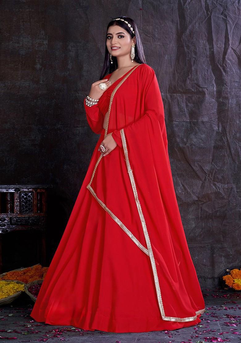 Red Solid Poly Blend Lehenga Sets
