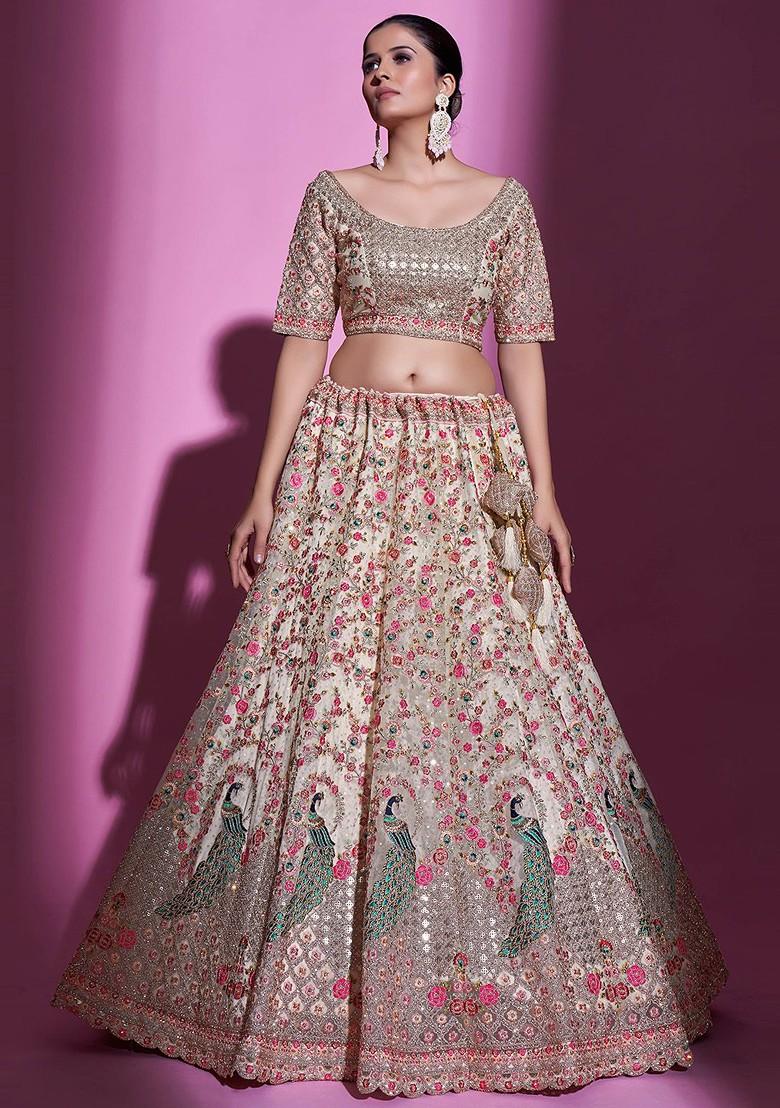 Cream Embellished Poly Blend Lehenga Sets