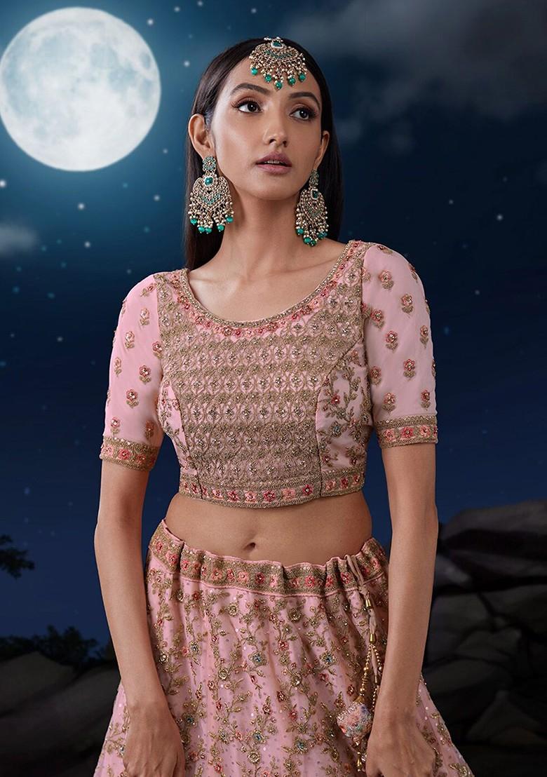 Pink Embroidered Poly Blend Lehenga Sets