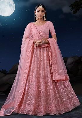 Pink Embroidered Poly Blend Lehenga Sets