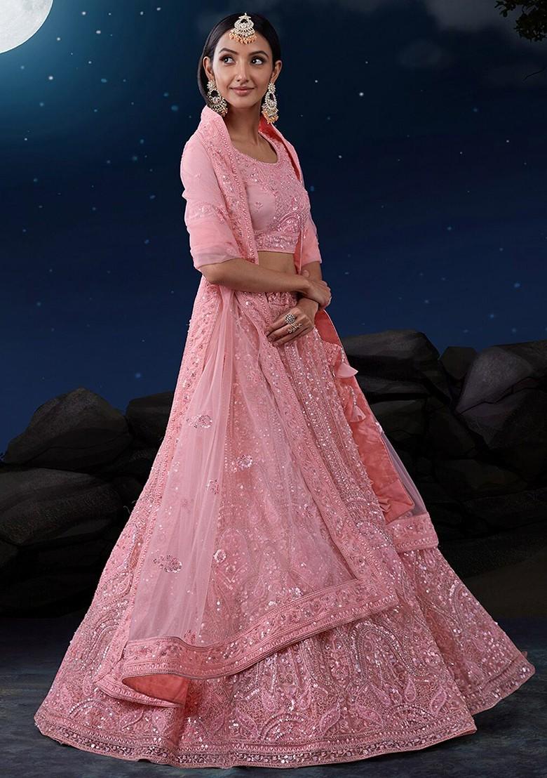 Pink Embroidered Poly Blend Lehenga Sets